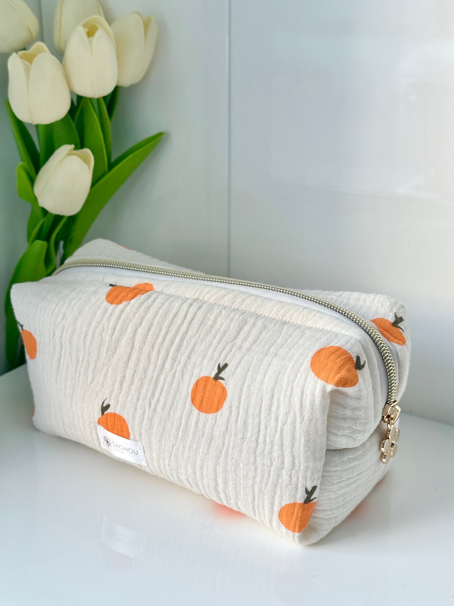 Trousse de toilette en double gaze de coton agrumes